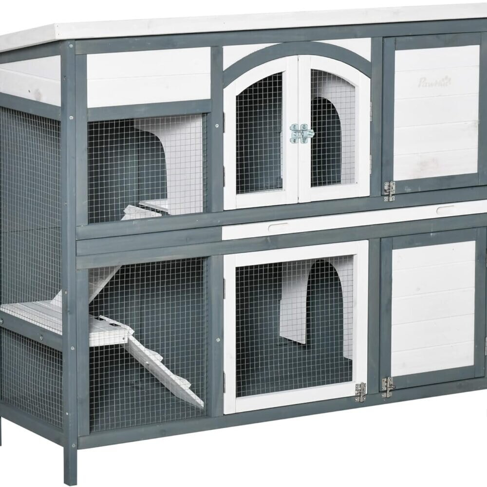 PawHut Rabbit Hutch Outdoor Guinea Pig Hutch 2 Tier Wooden Cage w/Ramp - Grey